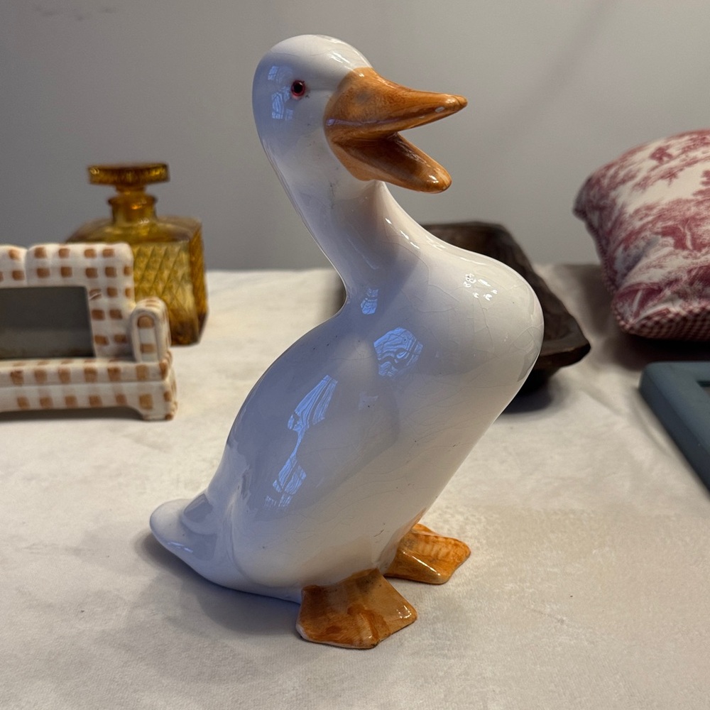 Vintage! White Ceramic Duck Figurine with Orange Beak and Feet